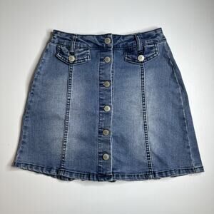 Vintage Y2K Hot Kiss Womens Denim Mini Skirt Size 0 Button Front Indie Pockets